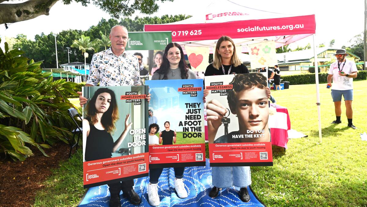 Andrew Gordon, Emma Jacobson, and Lucie White call on real estate agents to support youth homelessness initiative. Picture by Cathy Adams