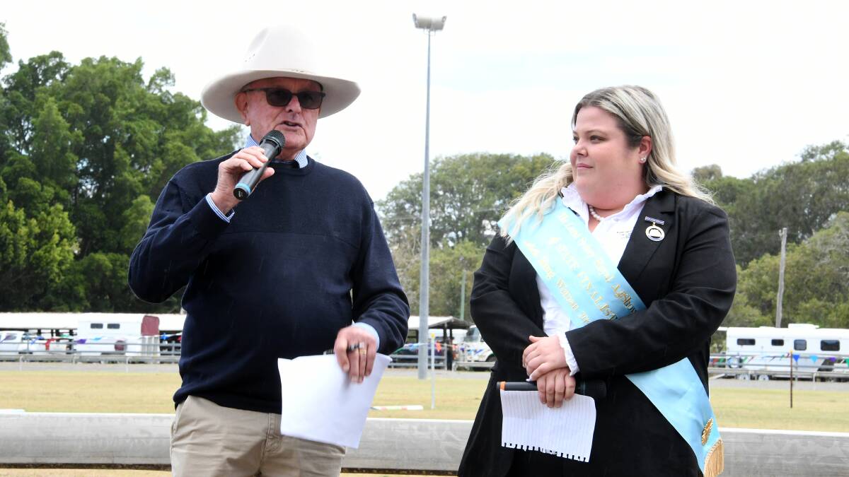Taree Show announcer Bruce Moy with Tara Coles. Picture by Scott Calvin.