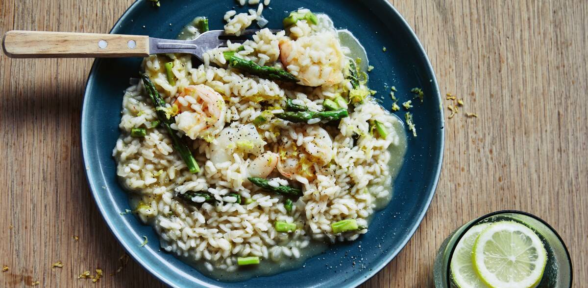 How to cook the perfect risotto with asparagus and prawns. Picture: Rob Palmer