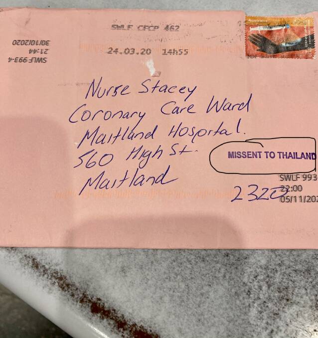 THANK YOU: The letter Neil Coutts sent to Nurse Stacey accidentally went from Maitland to Thailand before it arrived at Maitland Hospital. 